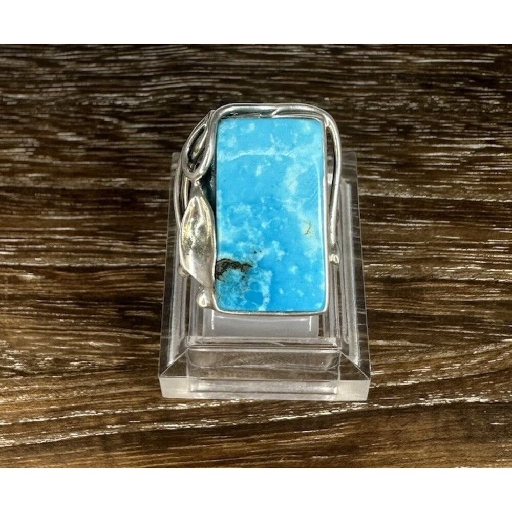 Vintage 925 Sterling Silver POLAND Turquoise Scrolled Edge Statement Ring Sz 5